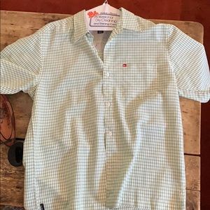 Nice green/white dress shirt. Short sleeved.